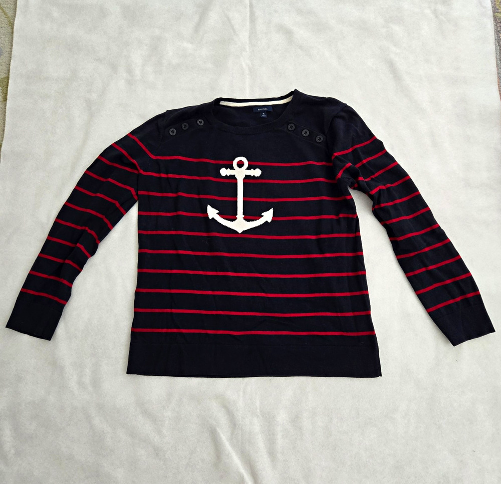 Nautica Women's XL Cotton Knit Crewneck Pullover Sweater Nautical Stripe Navy